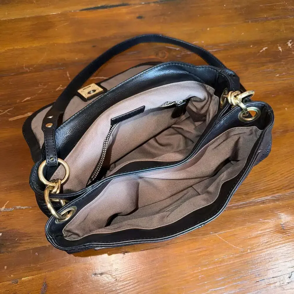 J. Crew Brompton Hobo Flap Bag Purse Satchel Black Pebbled Leather Large